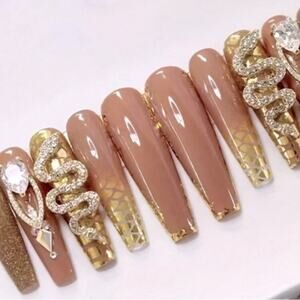 24 Piece Gold Brown Snake Gemstone Long Coffin Shape Prom Glam Press On Nails